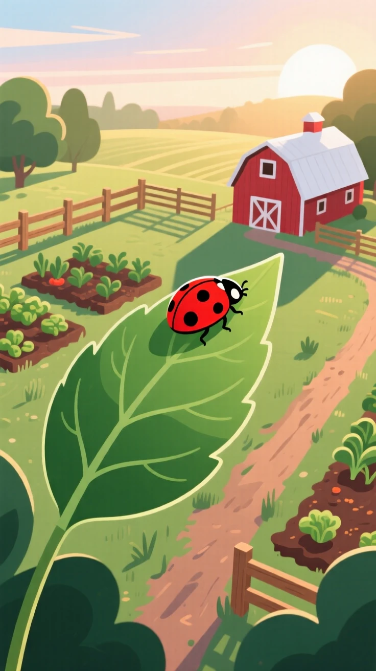 A ladybug resting on the tip of a green leaf, set within a peaceful farmyard at early morning, shown from above in a charming bird's-eye view, with vivid, richly saturated colors that pop.