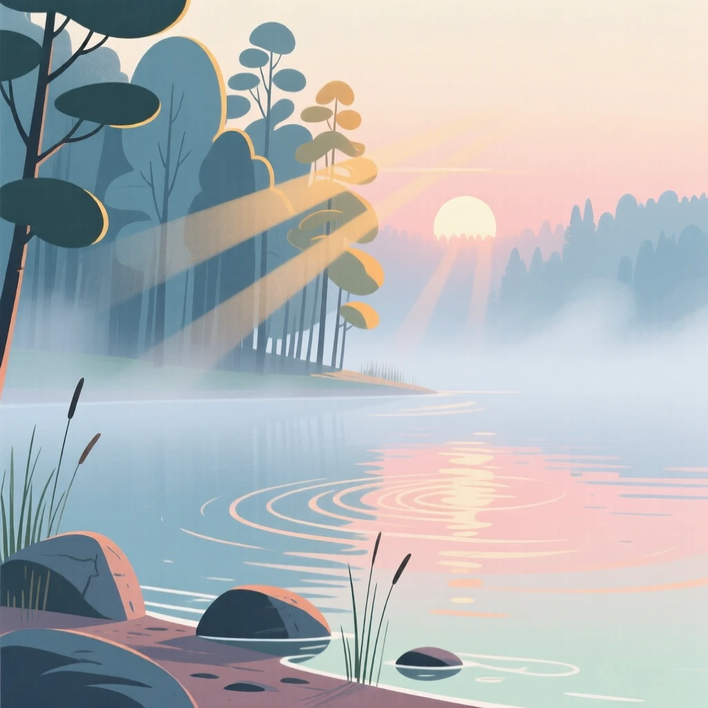 A misty lake shore at sunrise with soft light filtering through the dense canopy.