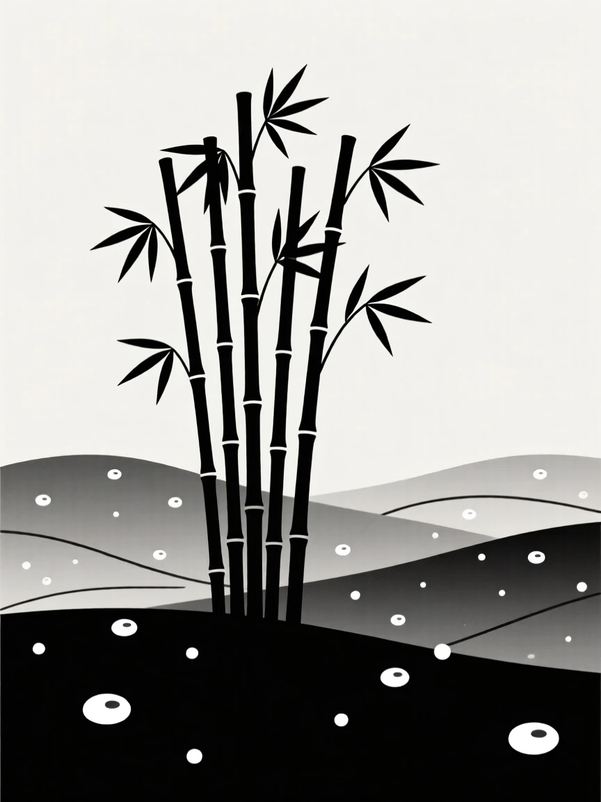 A bamboo grove, silhouetted alone against a highland moor, surrounded by droplets of morning dew, full of gentle stillness.