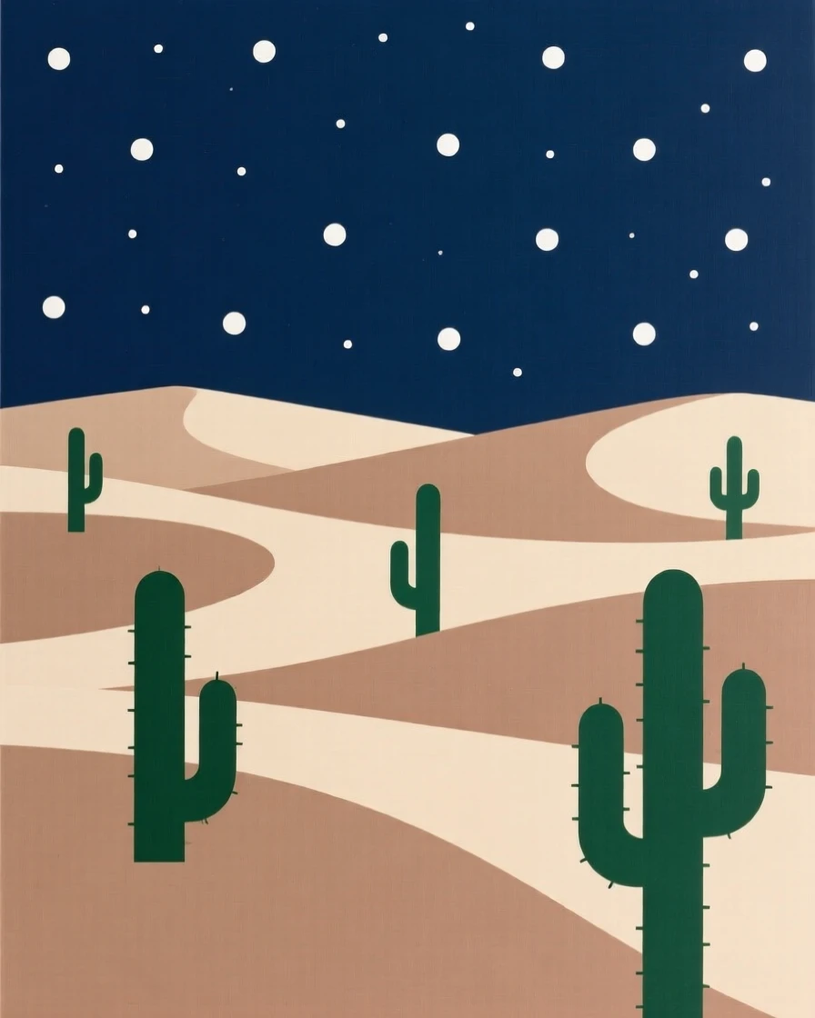 A cactus-dotted desert under a starry sky