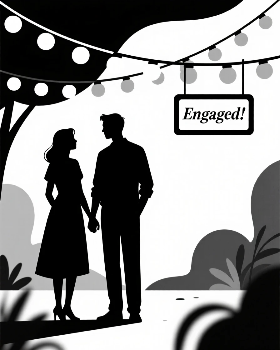 A couple's engagement celebration under string lights.