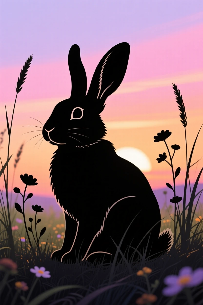 A rabbit sitting upright in a meadow of tall grass and wildflowers, ears raised.