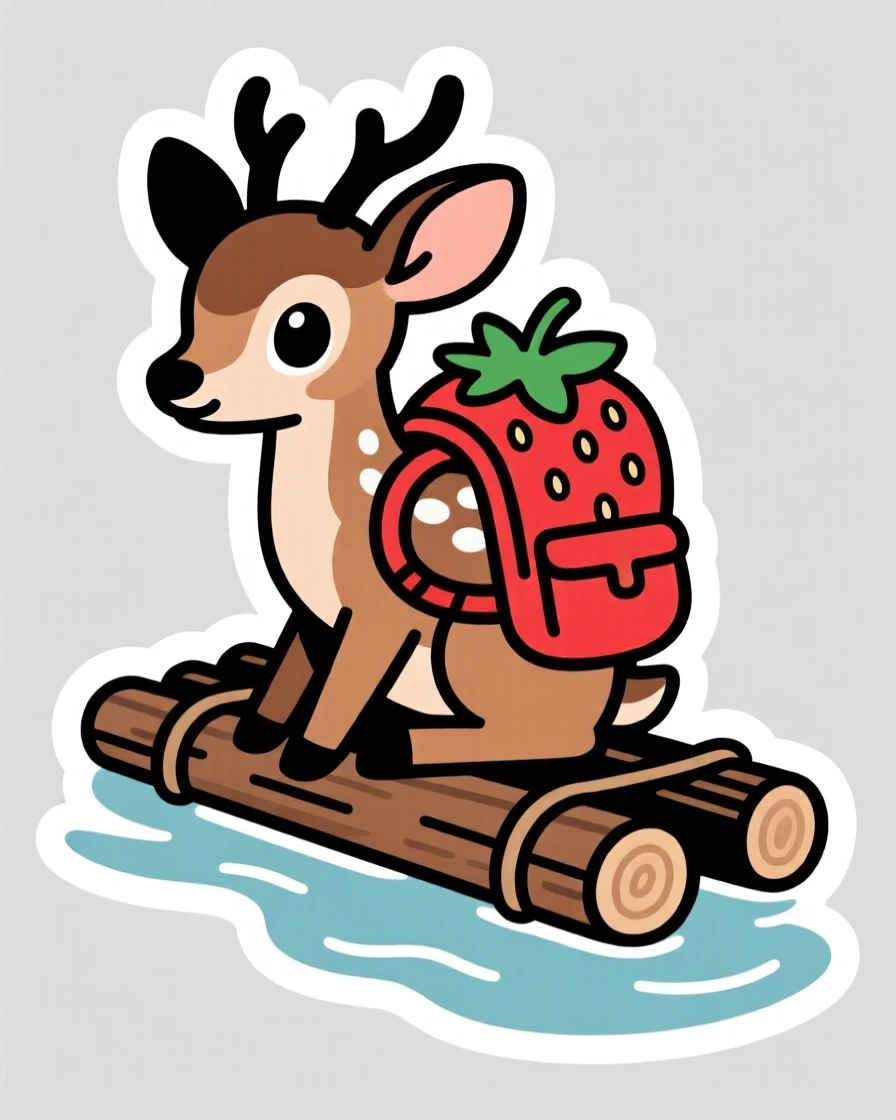 A determined spotted fawn wearing a backpack shaped like a strawberry, on a raft drifting down a gentle stream.