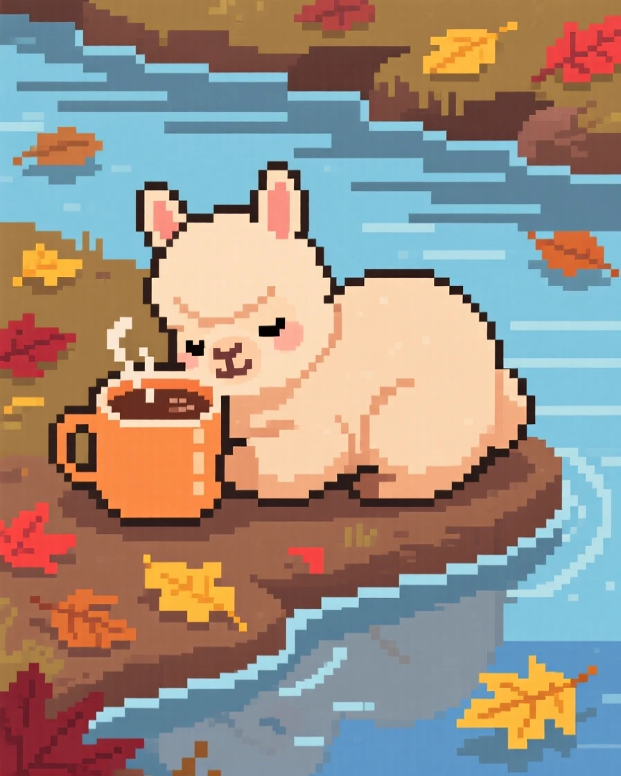 A baby alpaca curled around a warm mug of cocoa, on a riverbank scattered with fallen leaves.