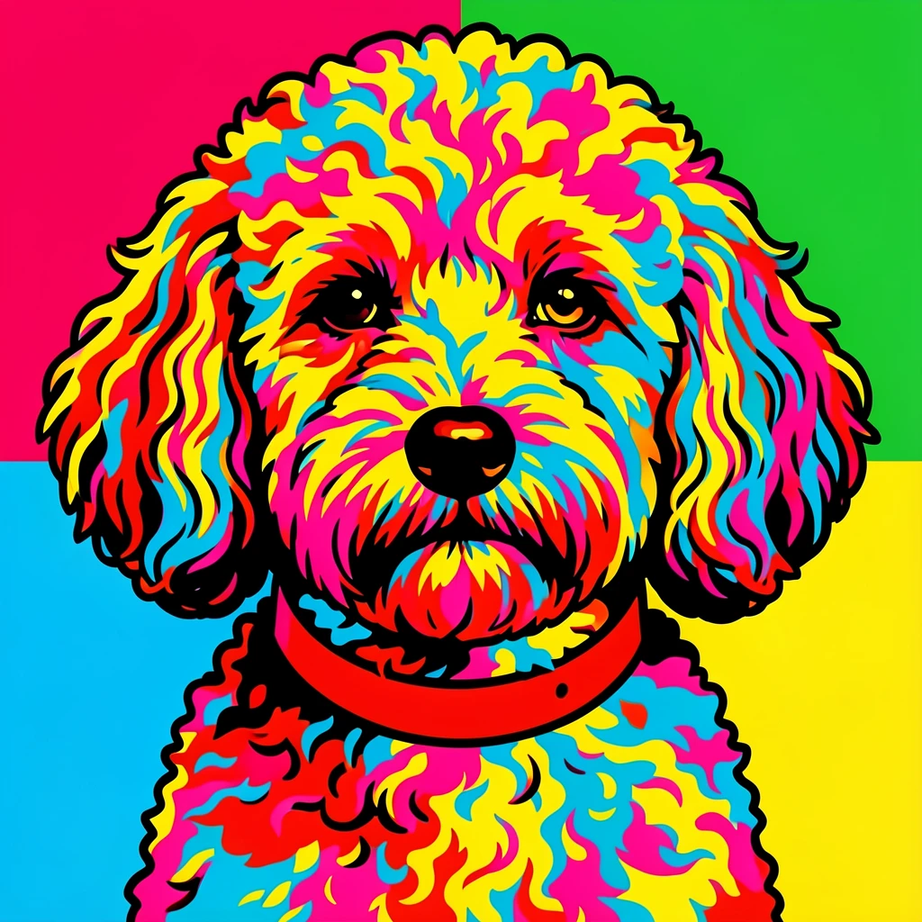 Cockapoo with curly fur and a red collar