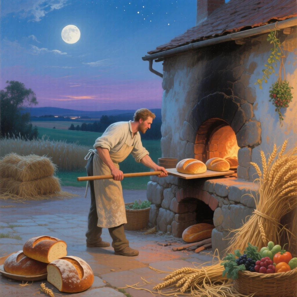 A grand panoramic scene of a baker sliding loaves of bread into a stone oven, during the summer harvest, under a full moon.