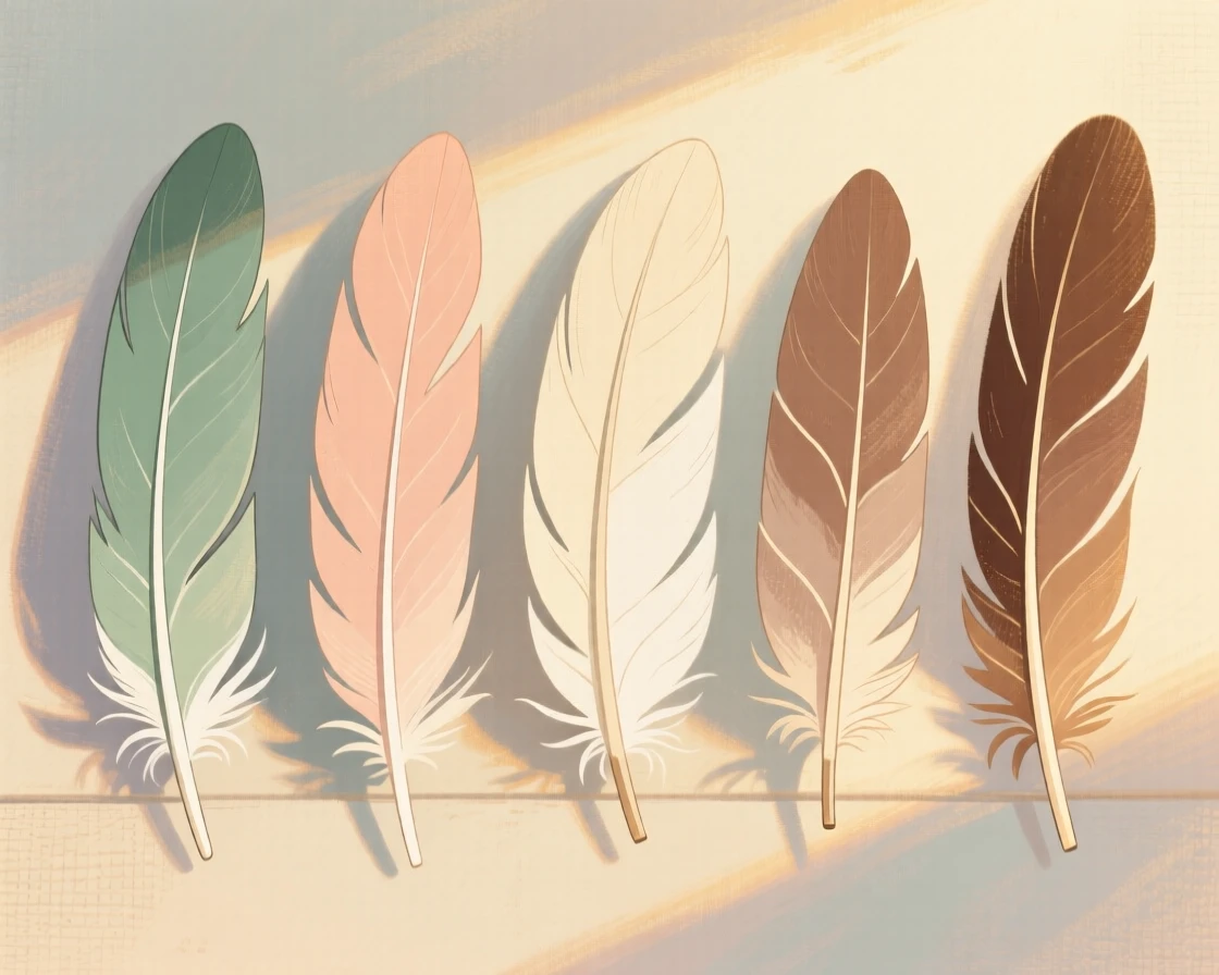 A study of feathers from different bird species arranged in a row