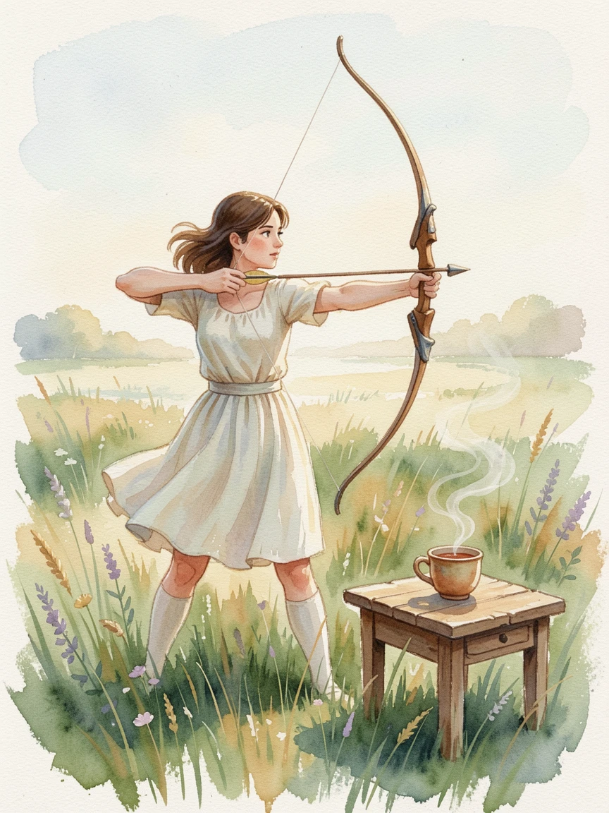 A woman practicing archery in a green meadow with a warm cup of tea nearby.