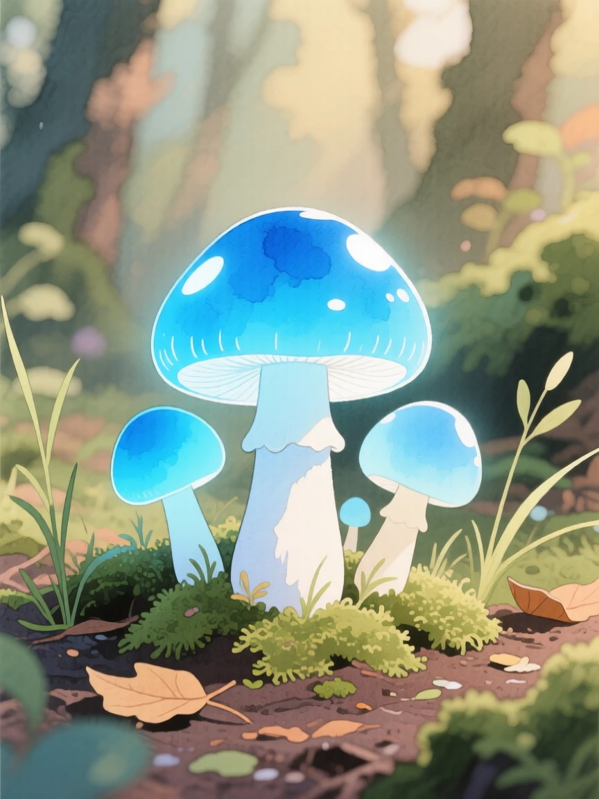A close-up of a patch of glowing blue mushrooms in an enchanted wood.