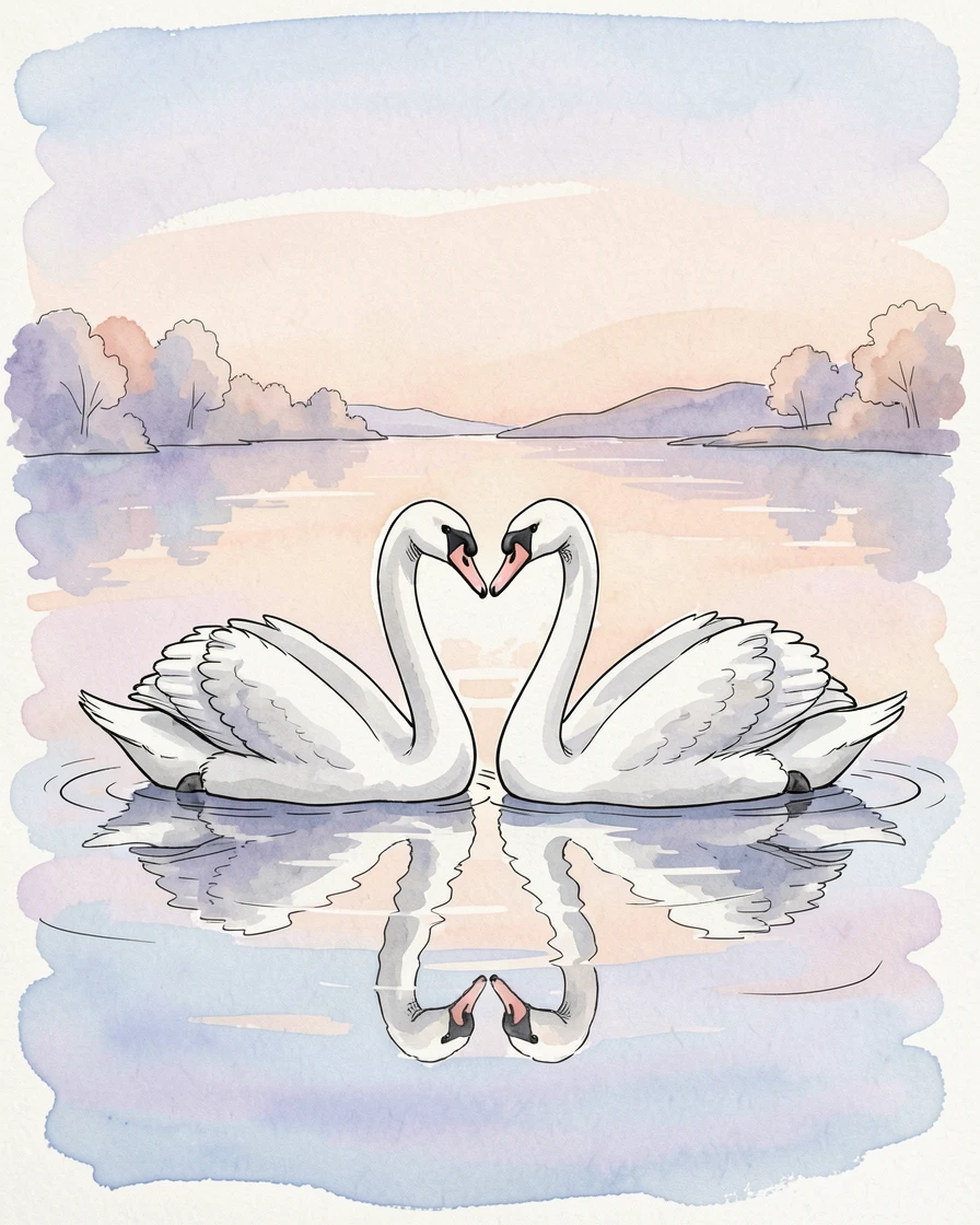 A pair of swans gliding across a still lake at dawn, their necks curved into a heart shape