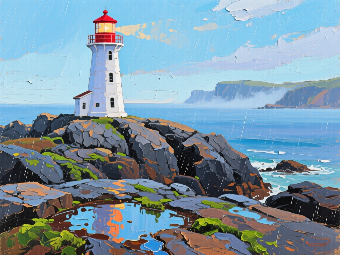 a solitary lighthouse on a rocky headland, after a passing rain shower, with a clear foreground, subject, and distant setting.