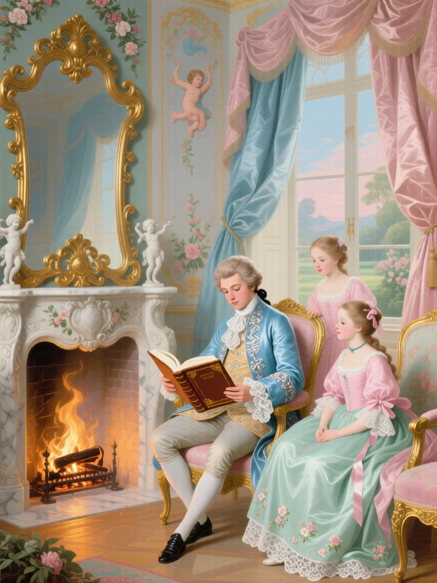 A prince reading aloud to his sisters beside a crackling fireplace  