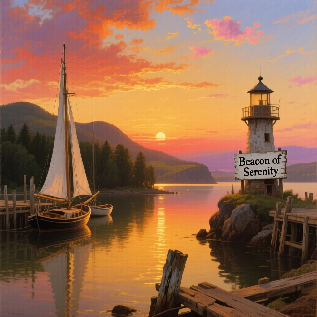 A golden sunset spreads across the sky above a still harbor.