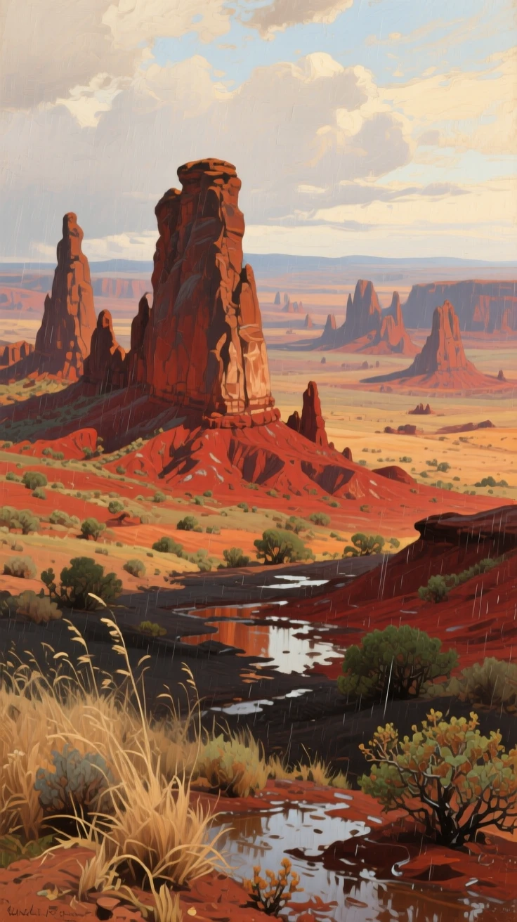 A high desert plateau dotted with wind-carved sandstone hoodoos, with rich, saturated colors deepened by recent rainfall, evoking a profound sense of scale, silence, and wonder