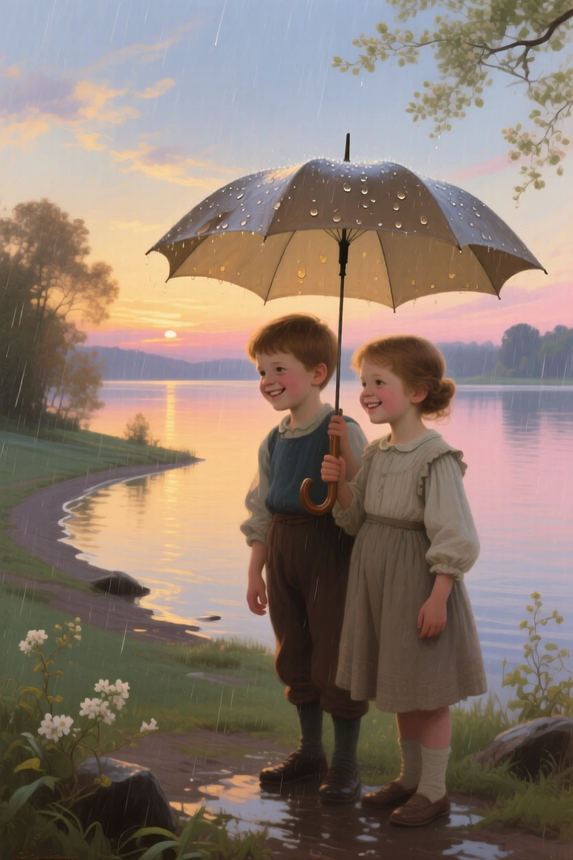 Two young siblings sharing an umbrella in a sudden spring shower in a small, tender moment that says everything without words, set beside a lakeshore glowing under a soft evening sky, with soft golden light catching genuine, unguarded smiles; warm, low light wraps the family in a comforting glow, evoking pure, unguarded tenderness and love.