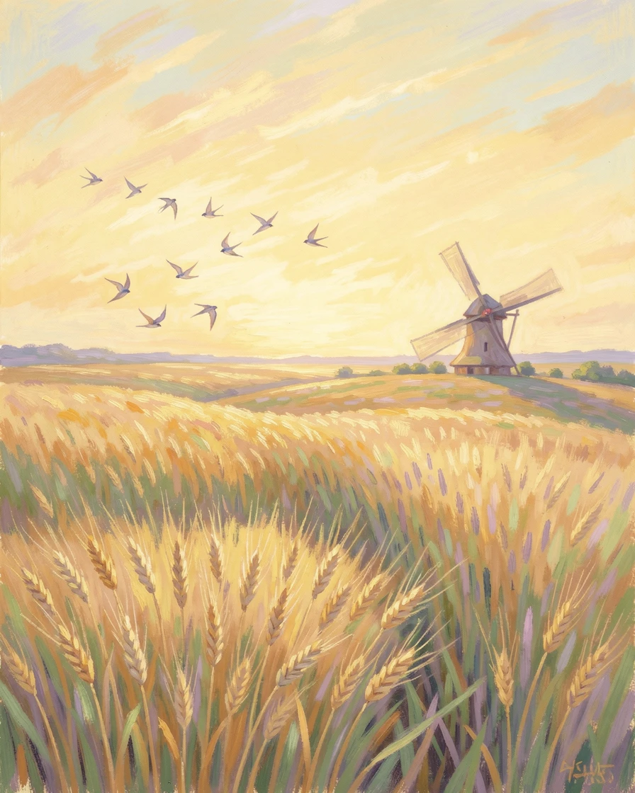 Rolling wheat fields under a wide golden sky, a single windmill standing at the edge, swallows dipping low over the grain.