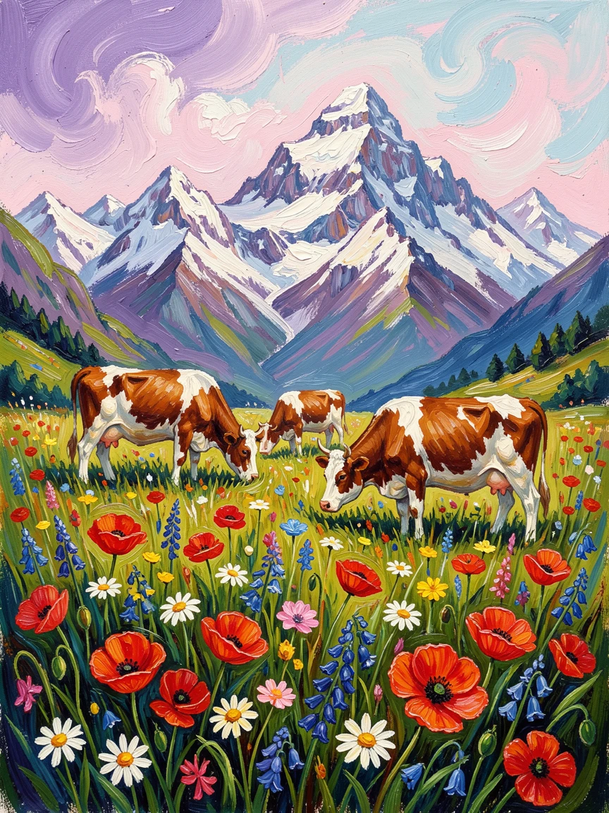A wildflower meadow in the Alps with grazing cows and distant snowy peaks.