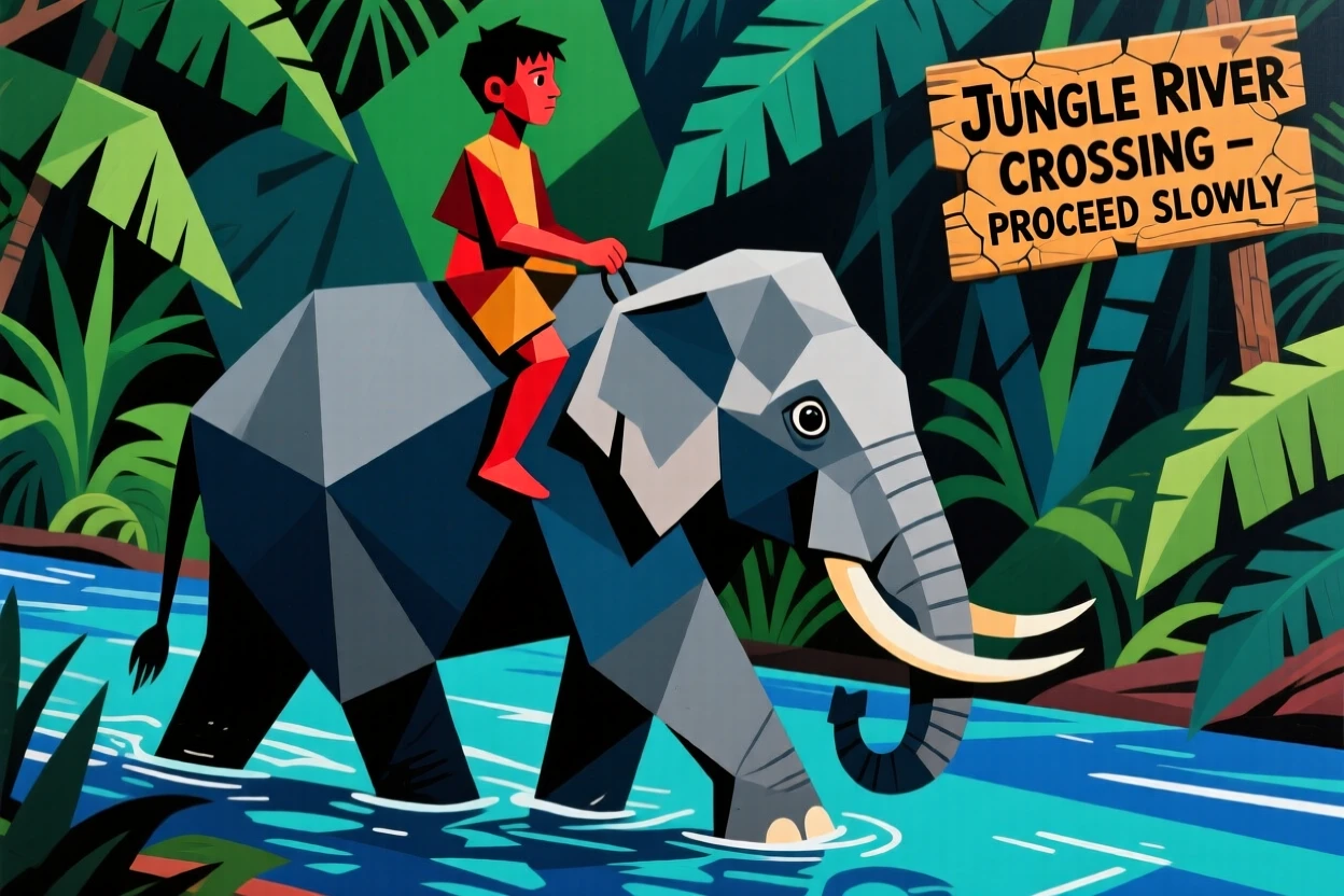 A boy riding an elephant slowly through a lush jungle river crossing.