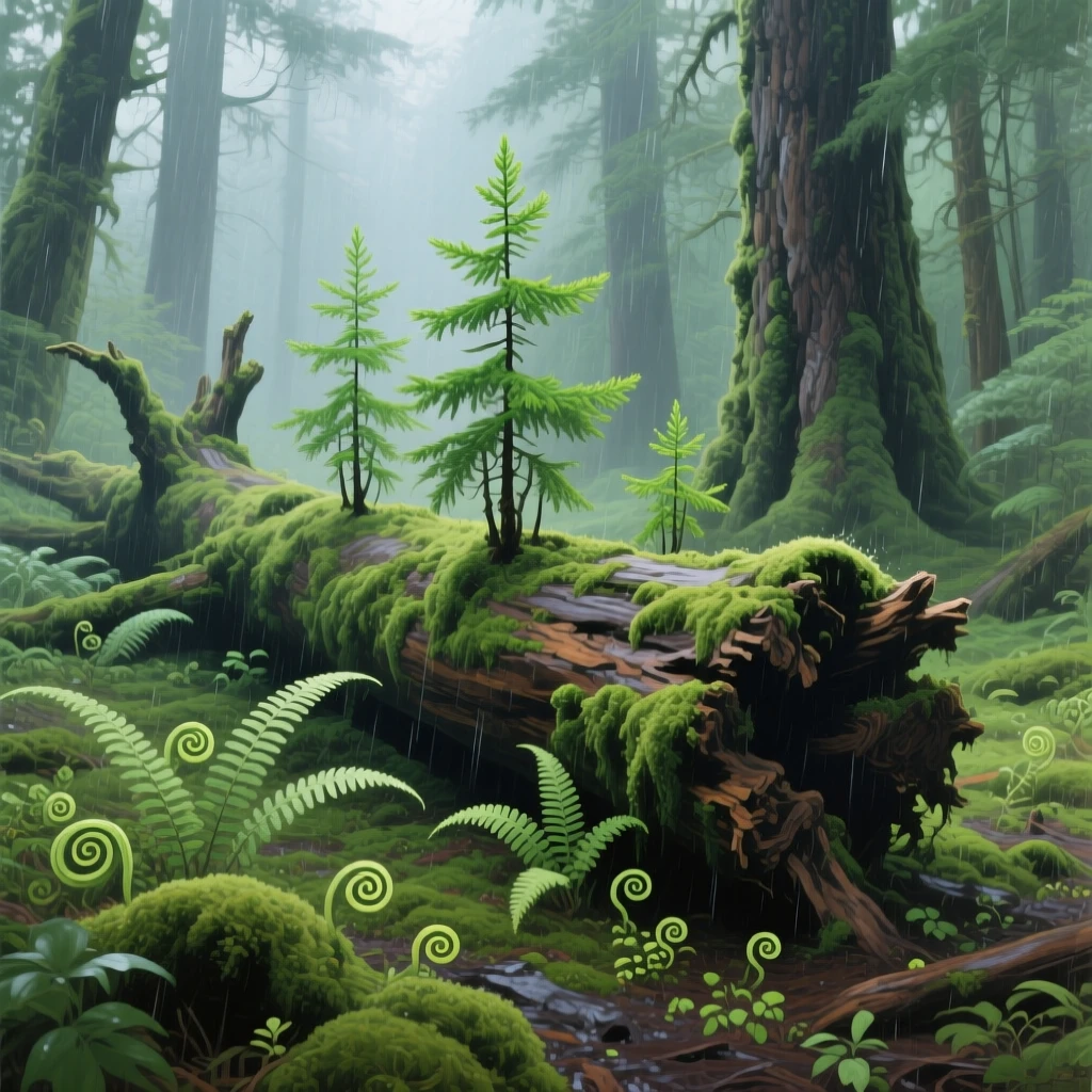 An old-growth cedar forest on Vancouver Island reveals a moss-covered nurse log sprouting new saplings, ferns unfurling in the understory, and soft rain misting the whole scene in cool green light.