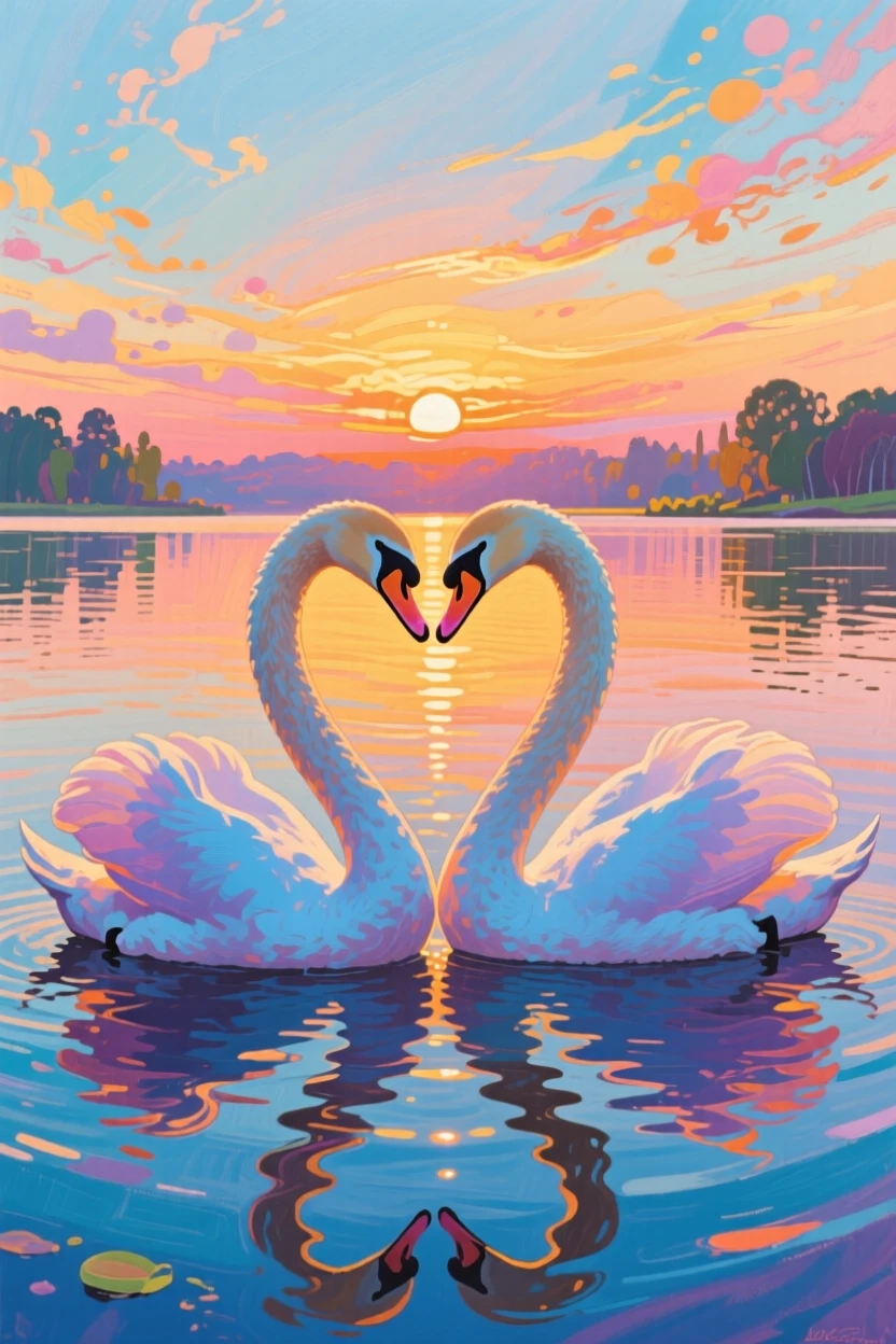 A pair of swans forming a heart shape with their necks on a still lake at sunrise