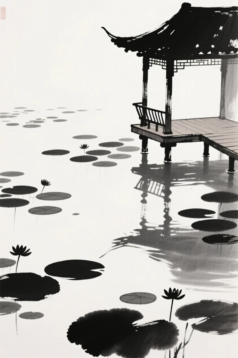 a quiet pond covered with floating lily pads, with a wooden pavilion built out over the water on stilts.