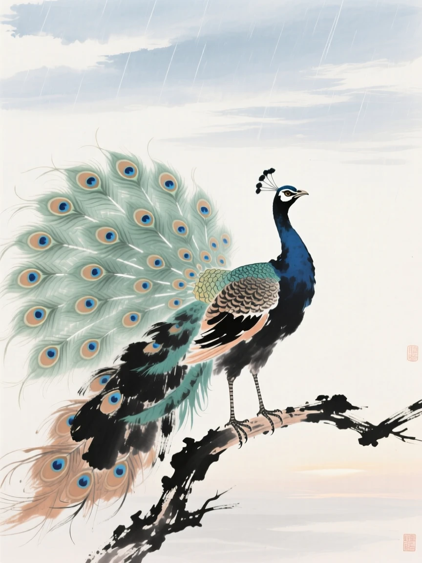 A proud peacock displaying its full tail of iridescent feathers, suffused with quiet joy, beneath a sky washed clean by rain, at dawn.
