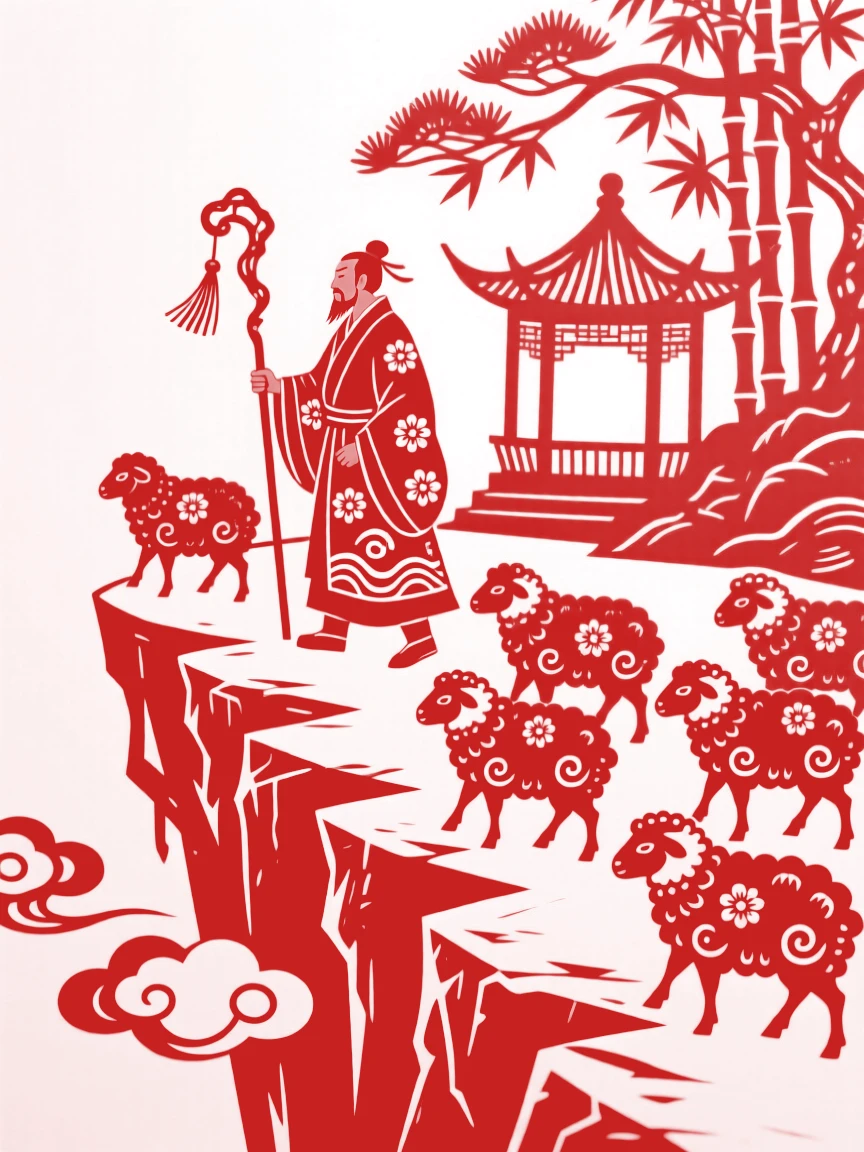 A composition of a shepherd and his flock along a cliffside path above the clouds, a small pavilion just visible through the trees.