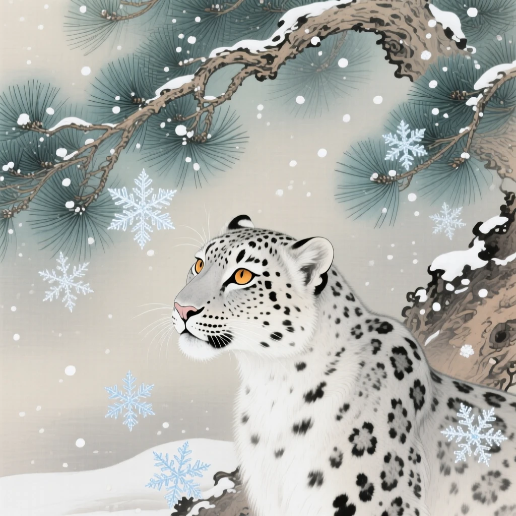 A snow leopard watching snowflakes fall from beneath a pine bough