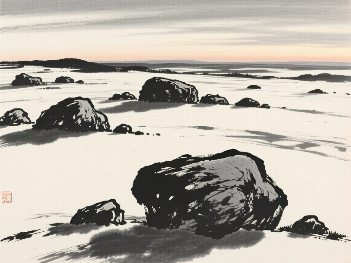 A windswept plateau scattered with wind-carved boulders as evening shadows stretch long across the land, framed low, with the foreground rocks leading the eye toward the distance, carrying a feeling of timeless peace and stillness.