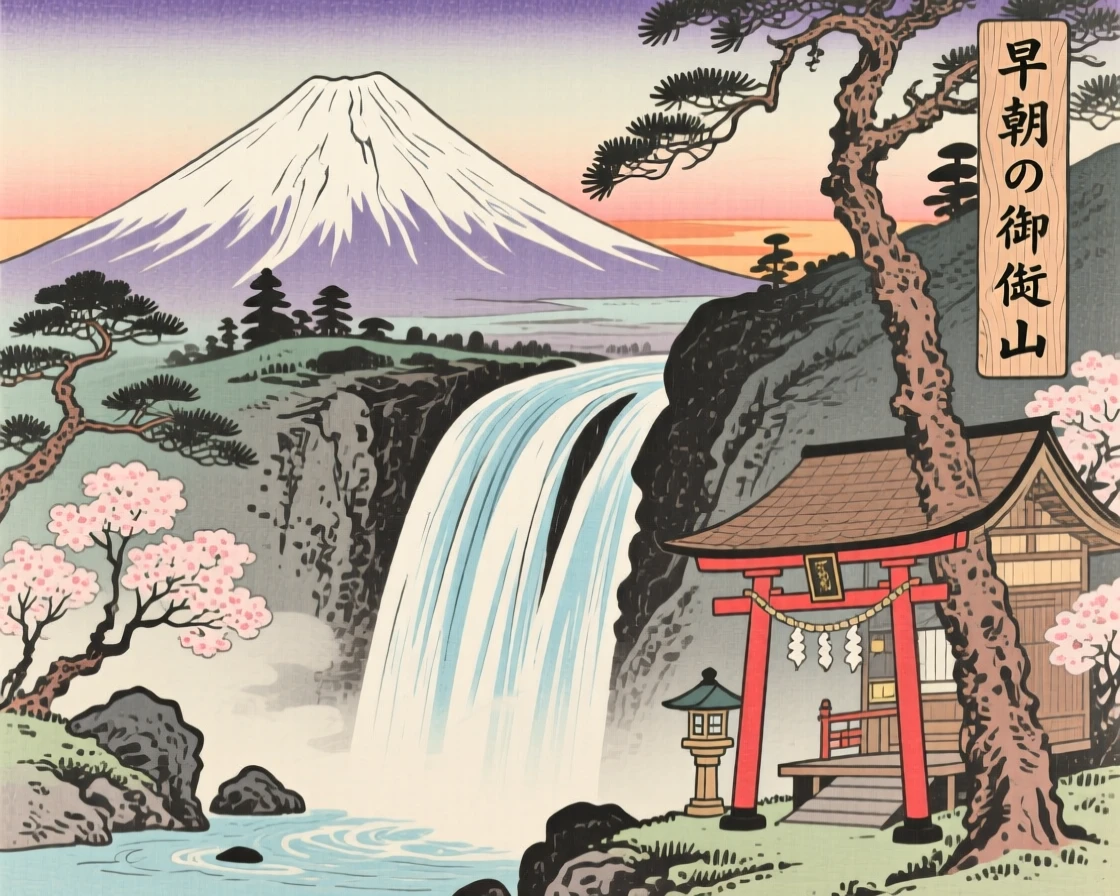 A snow-capped peak, beside a cascading waterfall, at dawn.