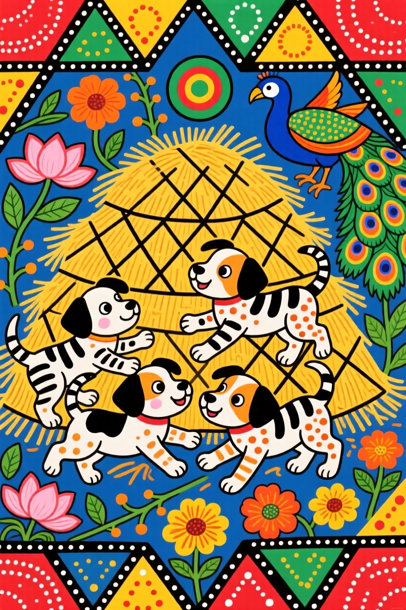 Puppies tumbling over each other in a pile of golden straw.