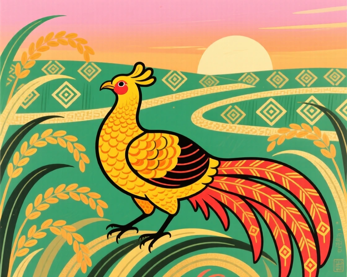 A golden pheasant perched among rice paddies at dawn, in the golden hour before sunset.
