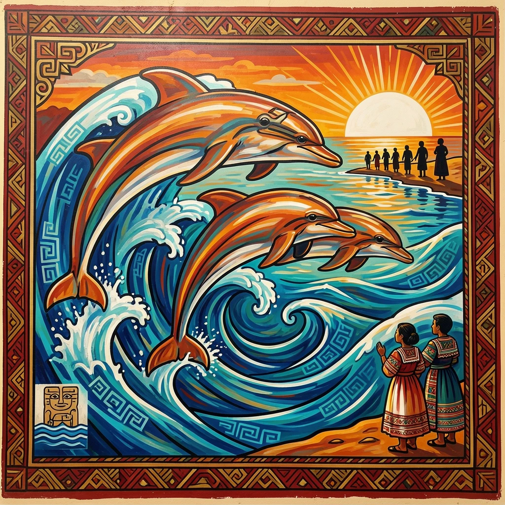 A pod of dolphins leaping through ocean waves