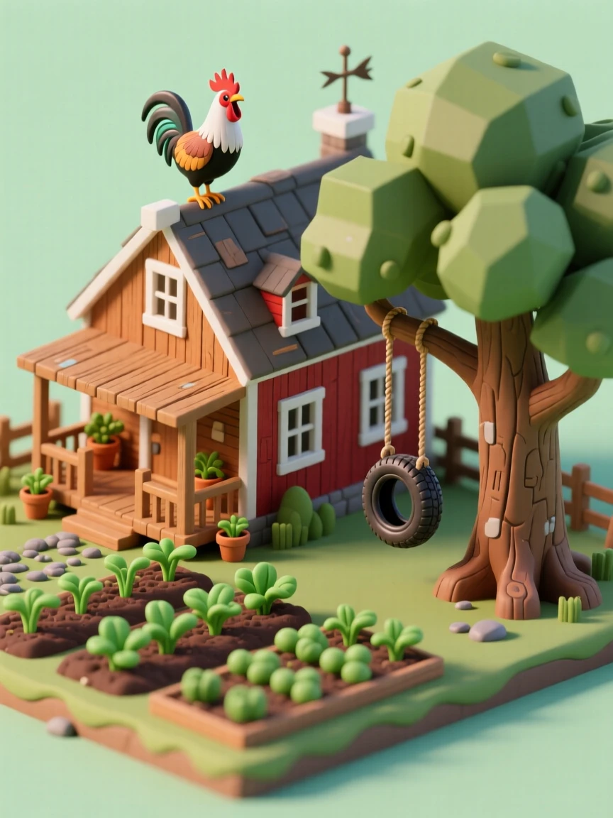 A rustic countryside farmhouse with a wraparound porch, a tire swing hanging from an old oak, a vegetable garden in neat rows, and a rooster crowing atop the barn roof.