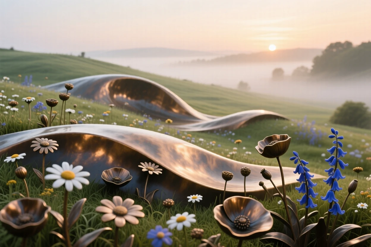 A peaceful meadow dotted with wildflowers at dawn, with soft mist adding a dreamlike quality, offering a breathtaking sense of place