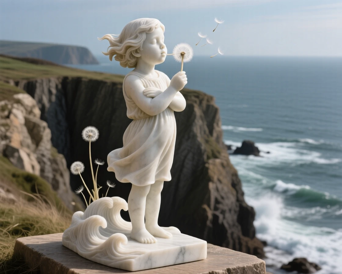 A tender portrait of a child blowing dandelion seeds, standing tall with arms crossed, on a windswept cliff overlooking the sea, evoking warmth and humanity