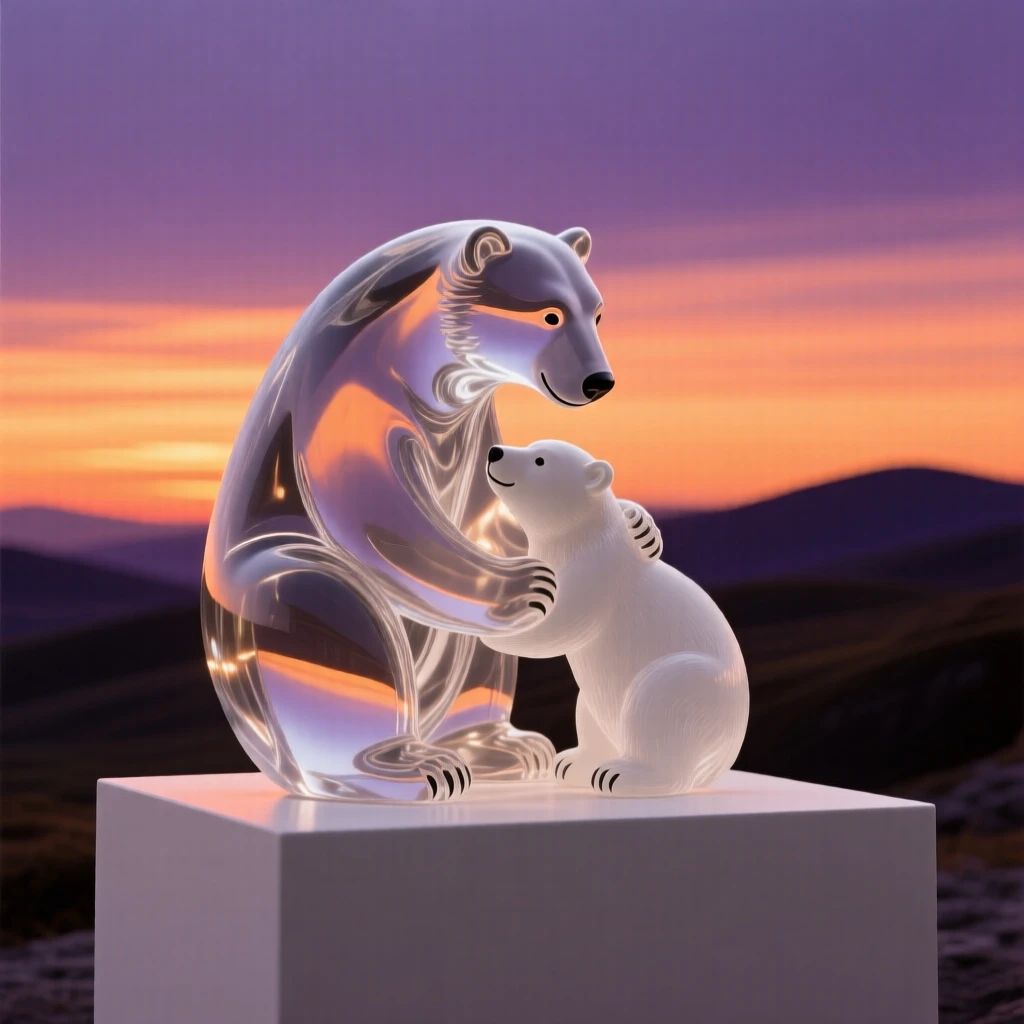 A polar bear and her cub silhouetted against a dramatic sunset sky over rolling hills, warm orange and purple tones creating a serene, cinematic mood.