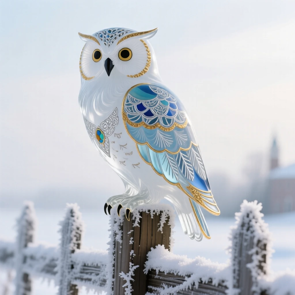 A snowy owl perched on a frost-covered fence post under a pale winter sky, serene and watchful.