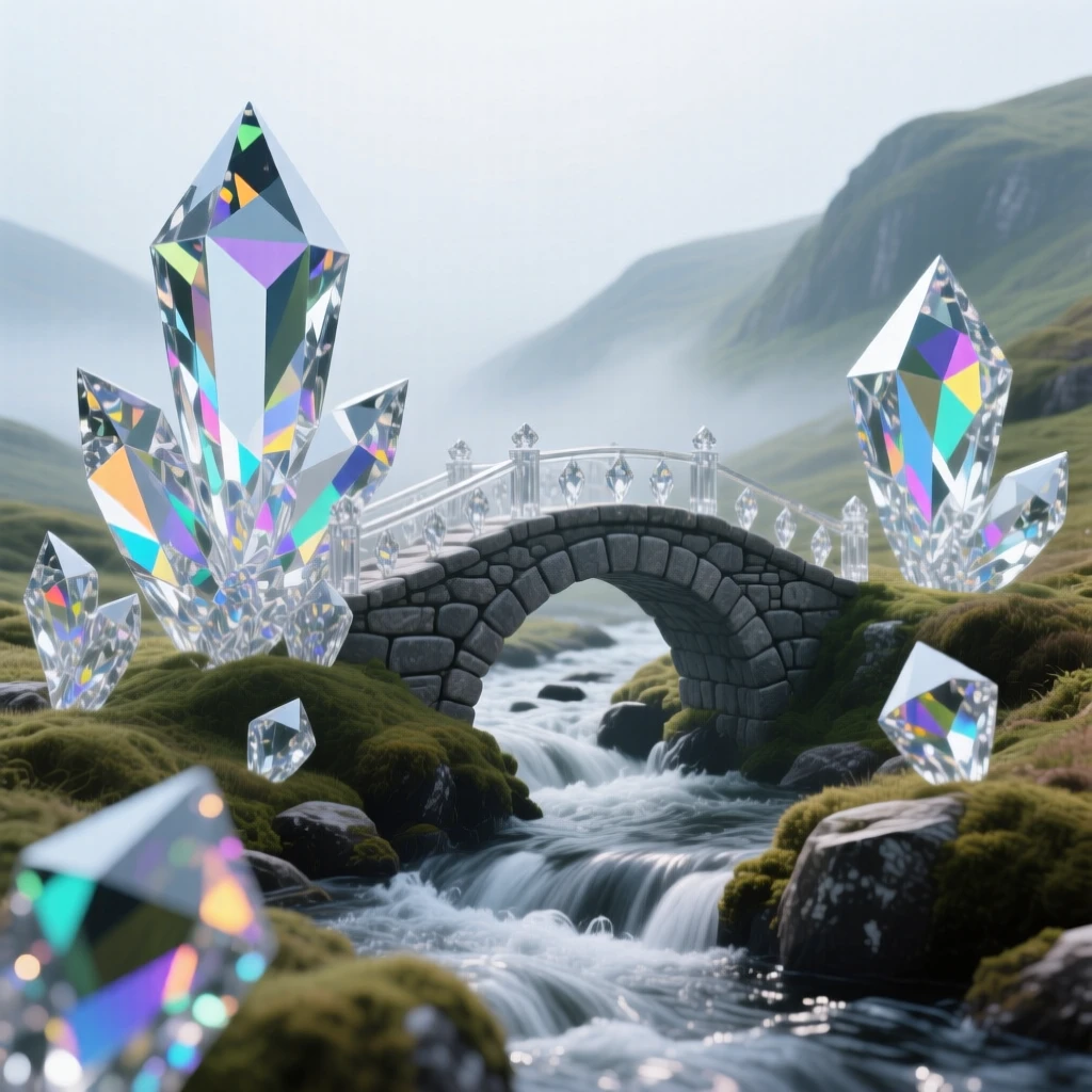 A misty highland glen with a stone bridge crossing a rushing stream.