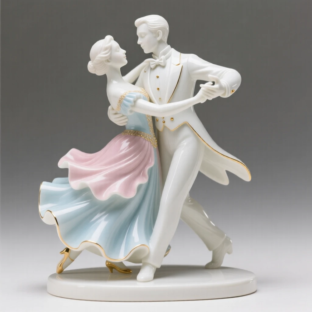 A graceful ballroom couple caught in the middle of a graceful arabesque, captured at the peak of the motion.
