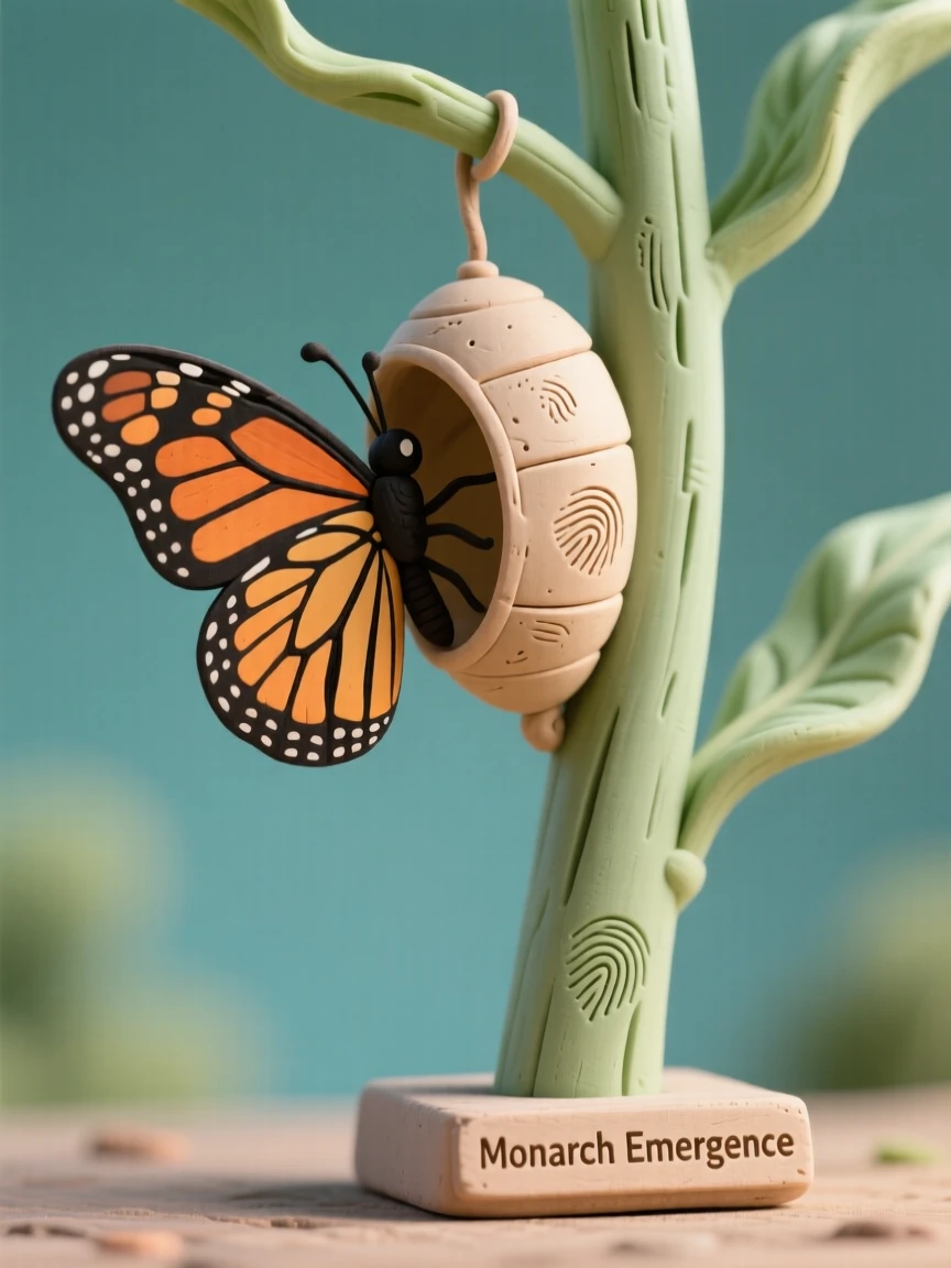 A monarch butterfly emerging from its chrysalis on a milkweed stem