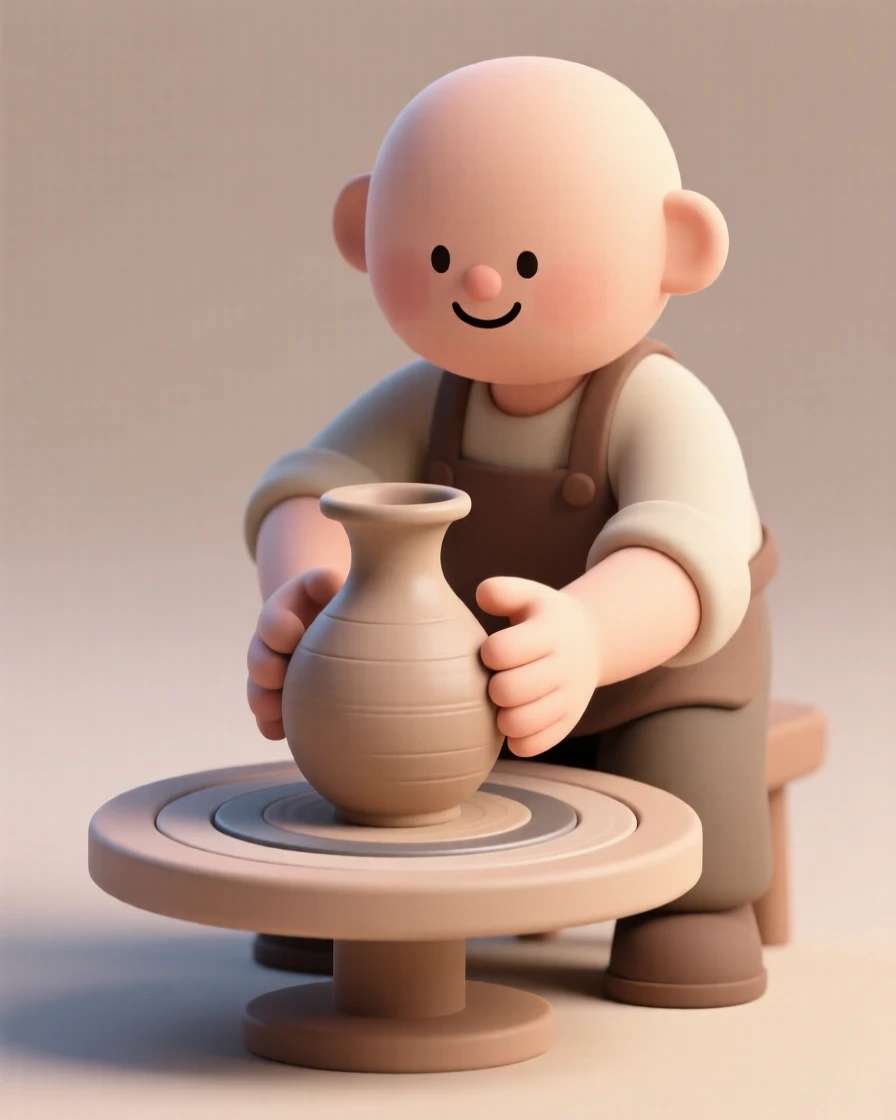A skilled potter shapes wet clay on a spinning wheel, hands steady as a graceful vase slowly takes form.