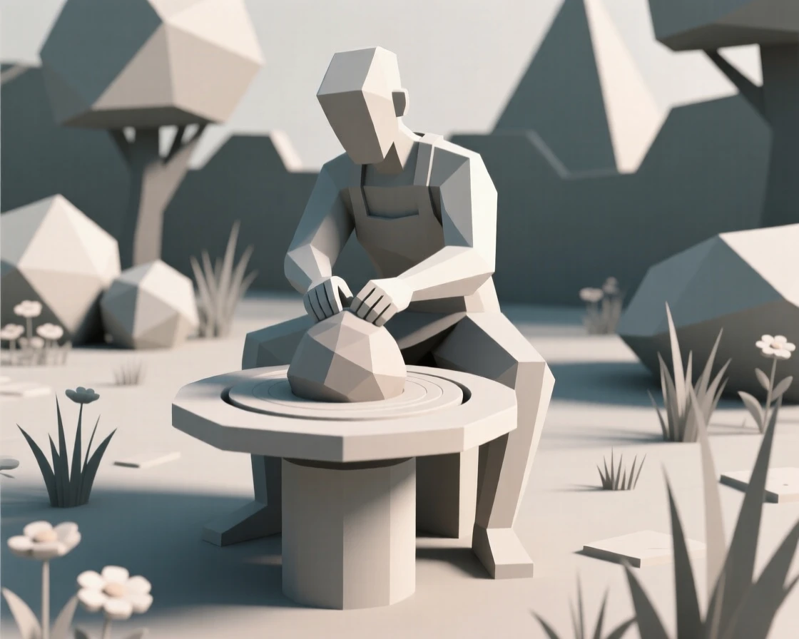 A potter shaping clay on a spinning wheel, amid a quiet, colorful garden. a shallow depth of field keeps the action sharply in focus. The scene feels energetic and inspiring.