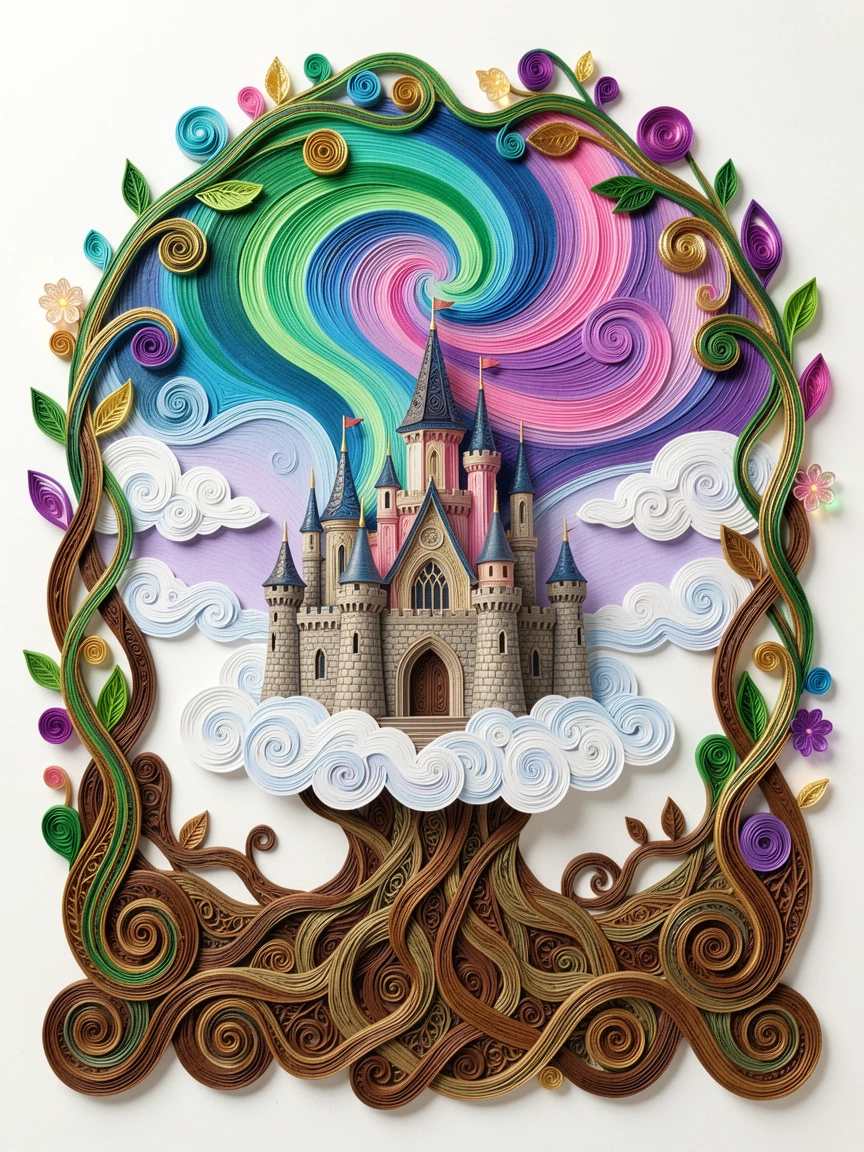 A magical fantasy scene of a magical castle floating among the clouds within a cathedral of ancient twisted roots, under a sky painted in shifting aurora colors, framed by an arch of twisting glowing vines.