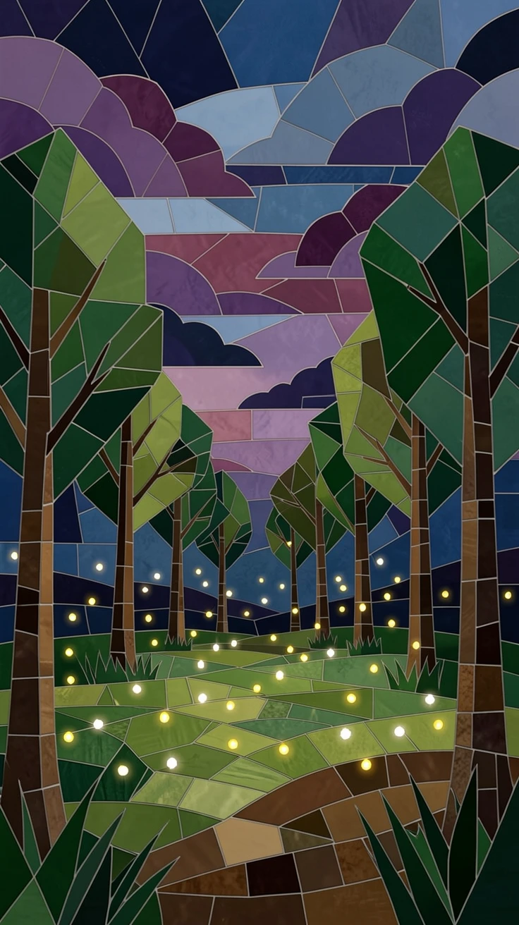A wide panoramic view of a quiet forest clearing filled with glowing fireflies at twilight, with dramatic clouds and rich natural color.