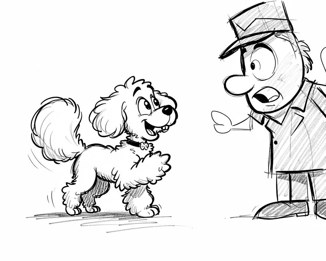 A tiny teacup poodle wagging its tail at the mail carrier.