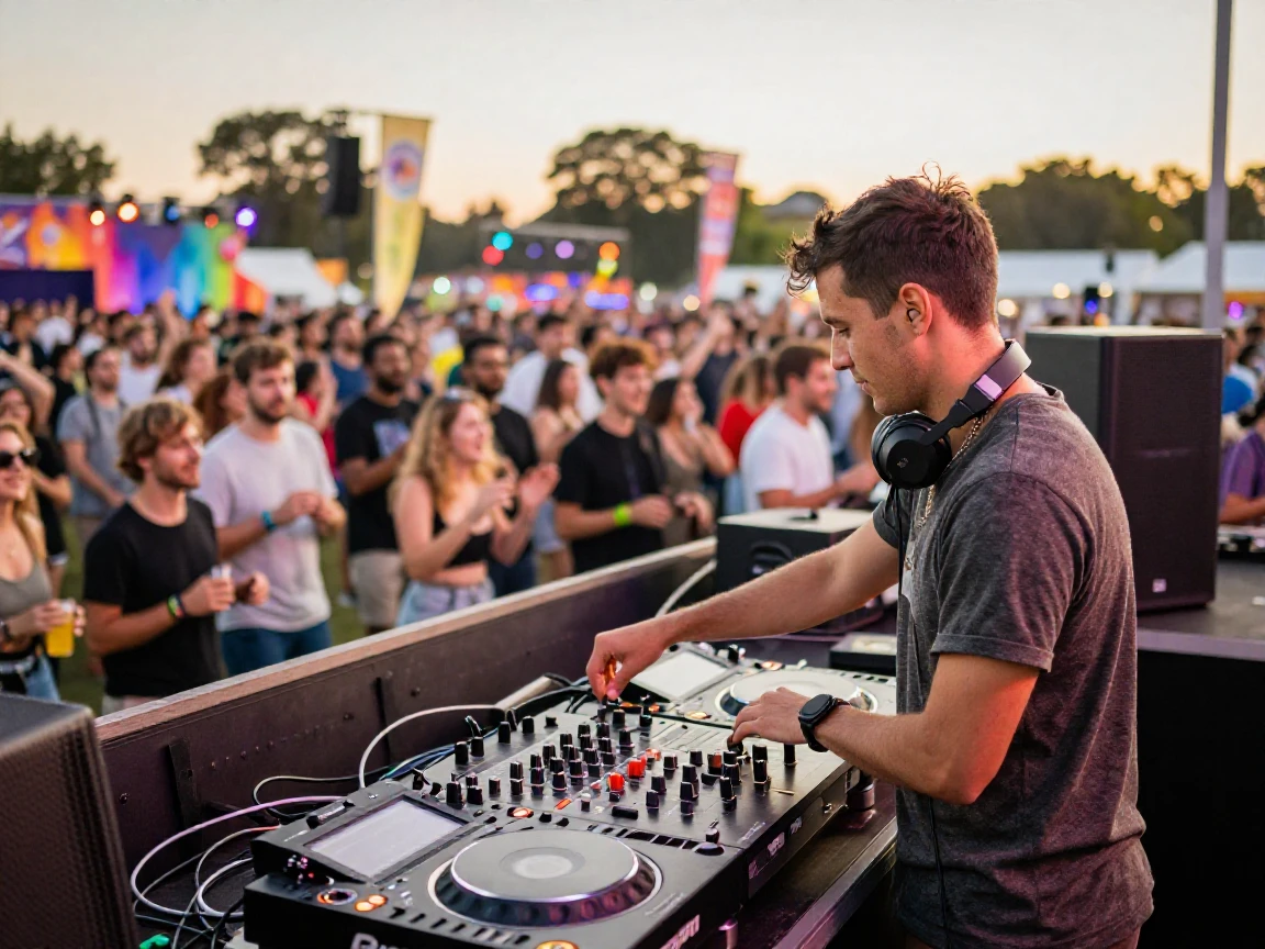 A DJ mixing tracks at a crowded music festival