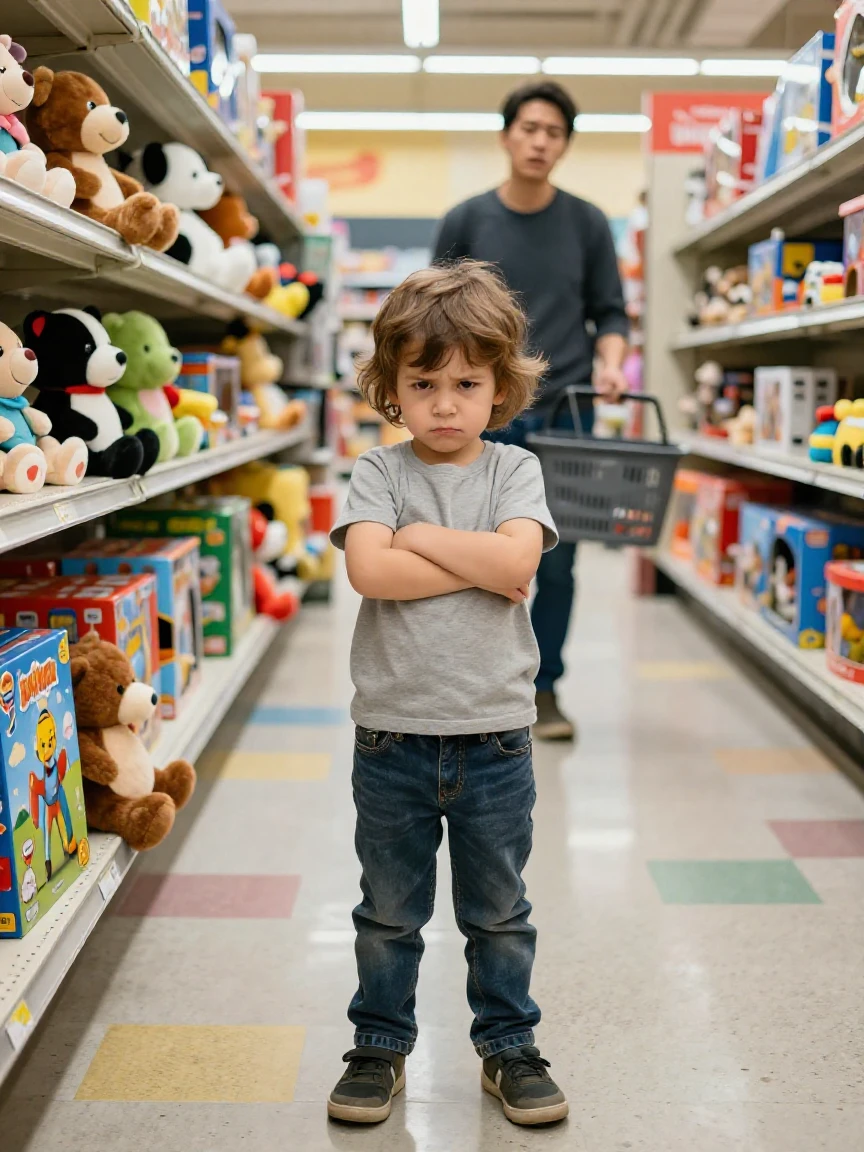 A child stubbornly refuses to leave the toy aisle, arms crossed and feet planted.