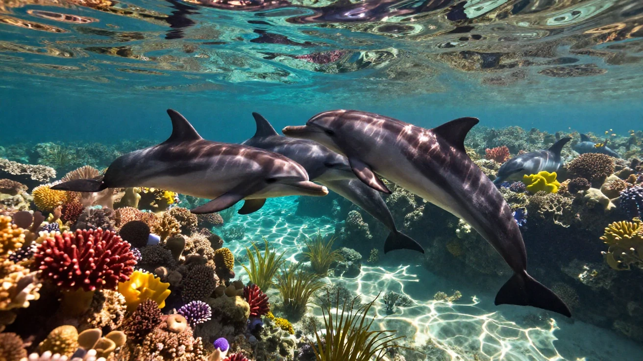 A group of dolphins playing near the surface exploring within a sunlit shallow reef