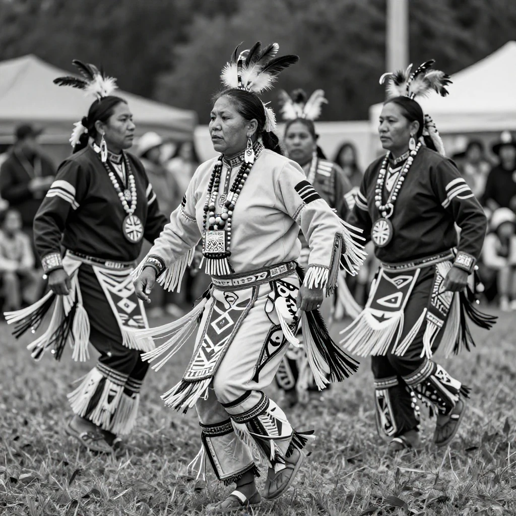 A group of Native American dancers perform in full ceremonial regalia at a powwow gathering.